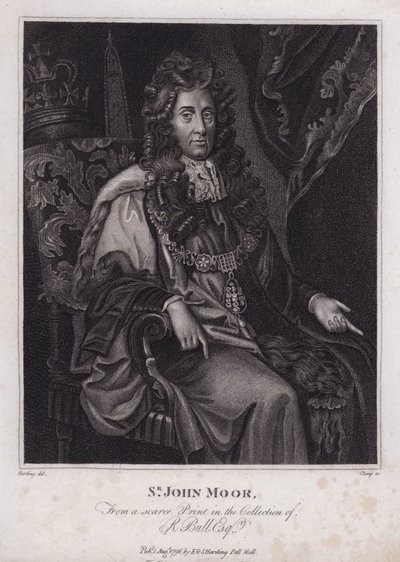 Sir John Moore, englischer Politiker, Abgeordneter und Lord Mayor von London (Stich) von Peter (after) Lely
