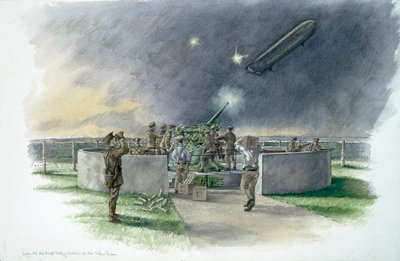Lodge Hill Batterie, Beschuss eines deutschen Zeppelins während des Ersten Weltkriegs, ca. 1910er, ca. 1980-2010 von Peter Dunn