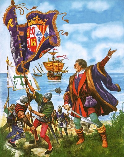 Christoph Kolumbus pflanzt das spanische Königliche Banner auf das neu entdeckte Land Amerika von Peter Jackson