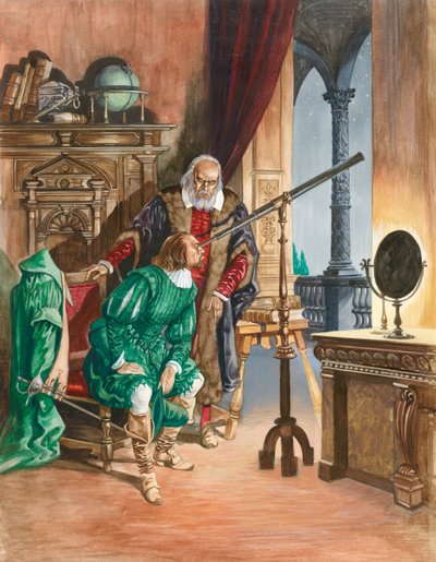 Galileo, jetzt blind, lässt einen Freund die Sterne durch sein Teleskop vom Balkon seines Arbeitszimmers in Pisa aus betrachten von Peter Jackson