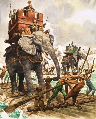 Hannibal und seine Elefanten überqueren einen Fluss auf einem Floß von Peter Jackson