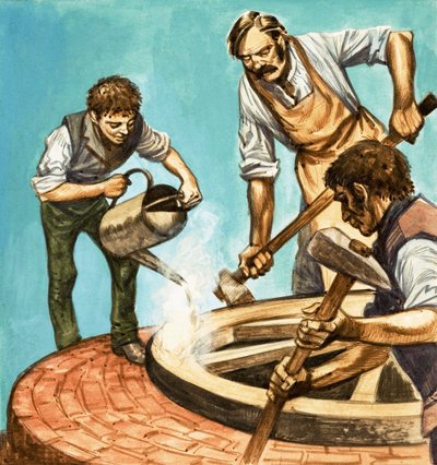 Es war einmal... Dorfleben vor hundert Jahren. Radmacher setzen den Eisenreifen auf ein Rad von Peter Jackson