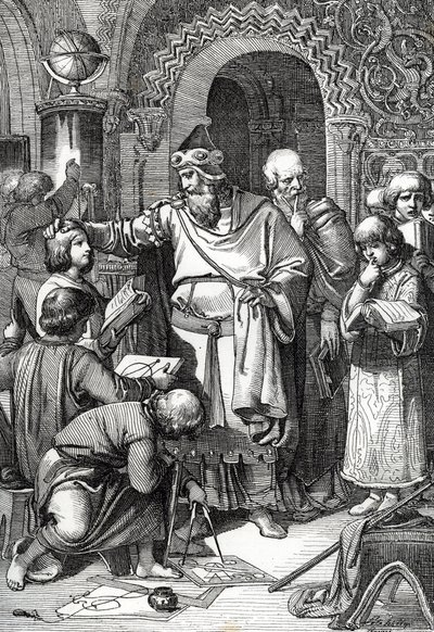 Kaiser Karl der Große (742-814) Gründer der Schulversammlung von Kindern Federzeichnung aus „Historische Memorabilian des In- und Auslandes“ von Anton Ziegler von Peter Johann Nepomuck Geiger
