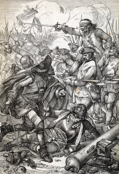 Großer Nordischer Krieg: Die Schlacht von Poltawa zwischen der Armee von Peter I. von Russland und den Truppen von Karl XII. von Schweden, 8. Juli 1709. Federzeichnung aus 