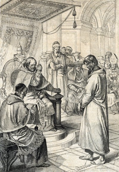 Querelle der Investituren, Buße von Canossa: In Canossa bittet Kaiser Heinrich IV. des Heiligen Römischen Reiches (1050-1106) in Büßergewand um Vergebung von Papst Gregor VII. (Hildebrand: 1015/20-1085) im Januar 1077 von Peter Johann Nepomuck Geiger