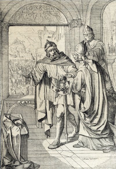 Die ersten Mitglieder der Habsburger Dynastie Radbot und der Bischof Werner zur Zeit des Baus der Habsburg in Aargau, Schweiz von Peter Johann Nepomuck Geiger