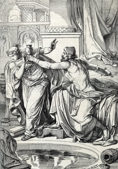 Die gepidische Prinzessin Rosemonde (gestorben 572) und ihr Liebhaber, der Mörder ihres Mannes König Alboin, vergiften sich mit demselben Becher Gift, 572 (Gepidische Prinzessin Rosamund (oder Rosamunde) und ihr Liebhaber töten sich mit demselben Becher Gi von Peter Johann Nepomuck Geiger