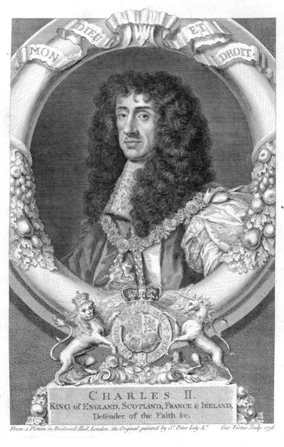 Karl II. (1630-85) König von Großbritannien und Irland ab 1660, graviert von George Vertue (1684-1756) 1736 von Peter Lely