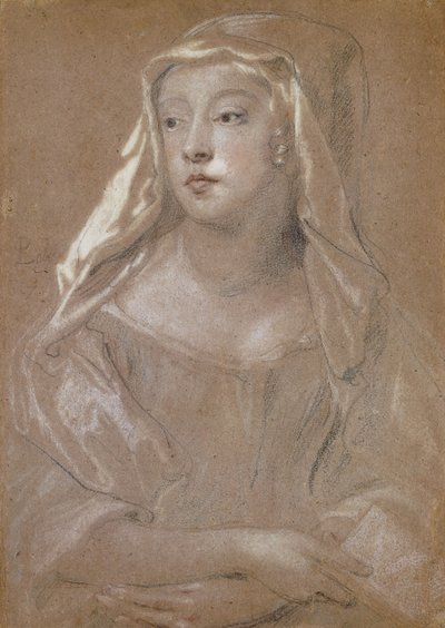Porträt einer jungen Dame, traditionell identifiziert als Sarah Jennings, Herzogin von Marlborough, halbe Länge, ein Buch haltend, ihre Hände auf ihrem Schoß gekreuzt, ihr Kopfschmuck auf ihre Schultern drapiert, 1667 von Peter Lely