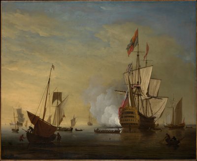 Hafenszene: Ein englisches Schiff mit gelockerten Segeln feuert eine Kanone ab von Peter Monamy