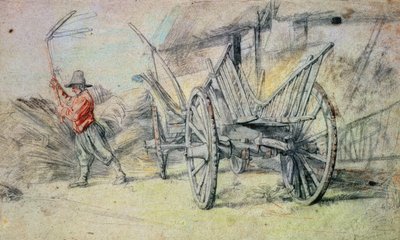 Ein Mann beim Dreschen mit einem Bauernwagen im Vordergrund von Peter Paul Rubens