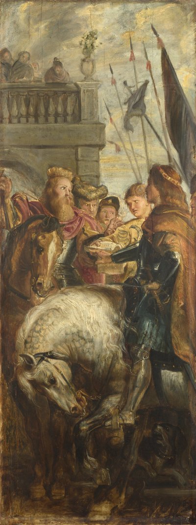 Könige Clothar und Dagobert streiten mit einem Herold des Kaisers Mauritius. Skizze für das Hochaltarbild, St. Bavo, Gent, 1611 von Peter Paul Rubens