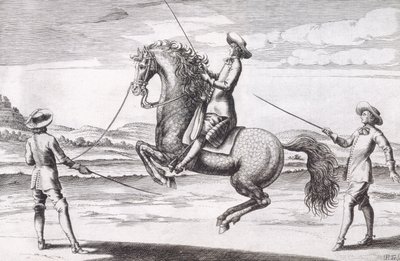 Illustration eines Pferdes en Croupade aus Neuem Traktat zur Pferdezucht geschrieben von Winters, Stuterey und Reit-Schul, veröffentlicht 1672 von Peter Paul Troschel