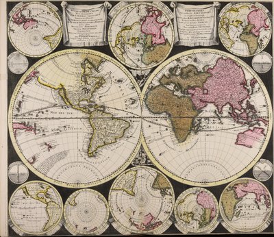 Diversa orbis Terrae visu incedente per coluros Tropicorum ambos ejus polos et particularis sphaerae zenith in planum orthographica projectio quibus additae pro variato horizonte omnium positiones eorumdemque mutua cum circulis caelestibus relatio = Plat O von Peter Schenk the Elder