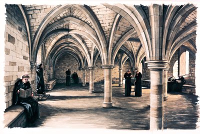 Mönche im Gemeinschaftsraum der Battle Abbey, East Sussex, 12. Jahrhundert, ca. 1990-2010 von Peter Urmston