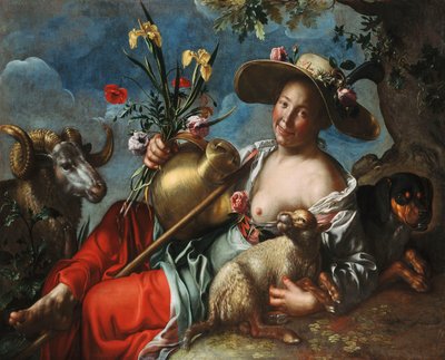 Eine Schäferin, die mit einem Kaninchen, einem Hund und einem Widder ruht von Peter Wtewael