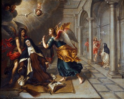 Die heilige Teresa von Ávila (vom Jesuskind) (1515-1582) trifft den Engel, der ihr Herz mit seinem goldenen Pfeil durchbohrt von Peter van Lint