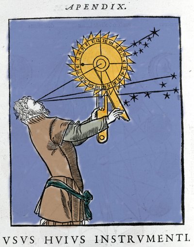 Zeichnung von Apianus (1539) Verwendung eines Geräts zur Berechnung der Zeit in Bezug auf die Sterne bei Nacht. Cosmographia von Pietro Apiano, Paris 1551 von Petrus Apianus