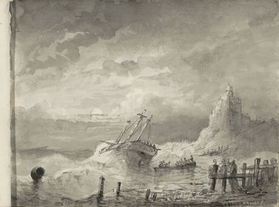 Schiff in Not vor einer Küste von Petrus Johannes Schotel (circle of)