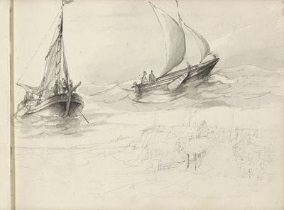 Zwei Segelschiffe mit Figuren auf See von Petrus Johannes Schotel (circle of)