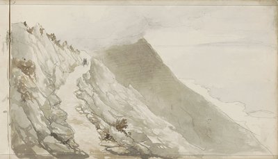 Figuren auf einem Pfad entlang einer Felsenküste von Petrus Johannes Schotel