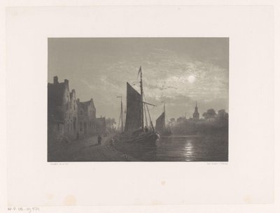 Segelboote entlang einer Mole bei Mondlicht von Petrus Paulus Schiedges (I)