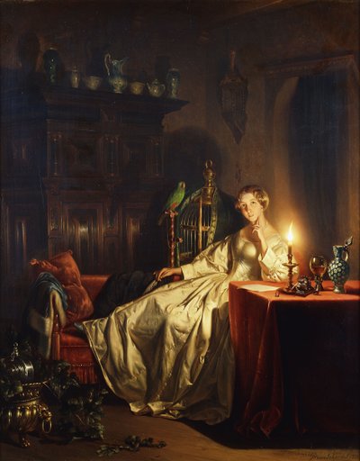 Ein von Kerzen beleuchtetes Interieur mit einer Dame, die an einem Tisch sitzt von Petrus van Schendel