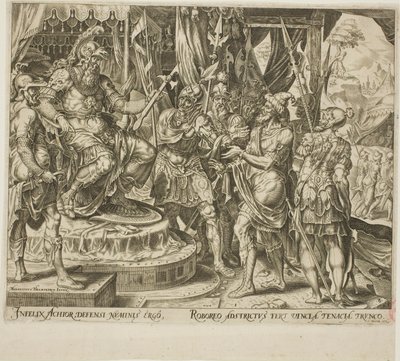 Achior bittet Holofernes für die Israeliten, Platte eins aus Die Geschichte von Judith und Holofernes von Philip Galle