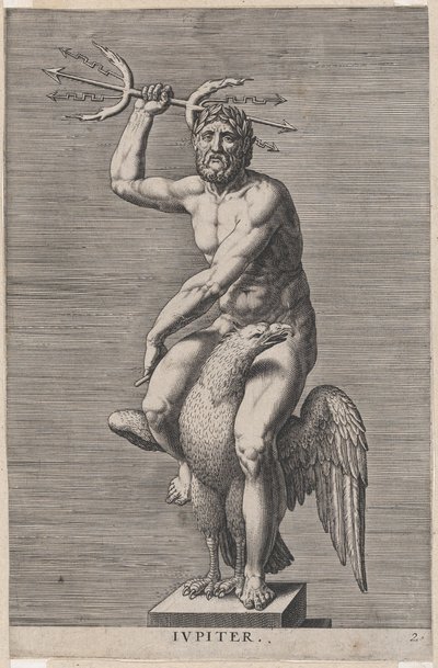 Tafel 2: Jupiter, Statue des nackten Gottes, der auf einem Adler sitzt und einen Doppeltrident hält, 1586 von Philip Galle