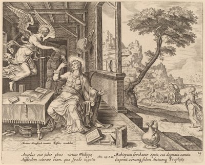 Der Engel befiehlt dem heiligen Philippus, den äthiopischen Eunuchen zu begleiten von Philip Galle after Maerten van Heemskerck