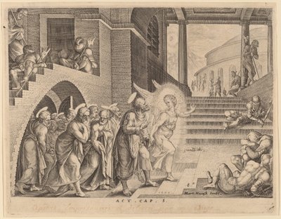 Die Apostel werden von einem Engel aus dem Gefängnis befreit von Philip Galle after Maerten van Heemskerck