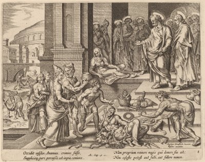 Die Tode von Ananias und Saphira von Philip Galle after Maerten van Heemskerck