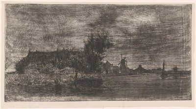 Landschaft mit Häusern und Mühle am Wasser von Philip Zilcken