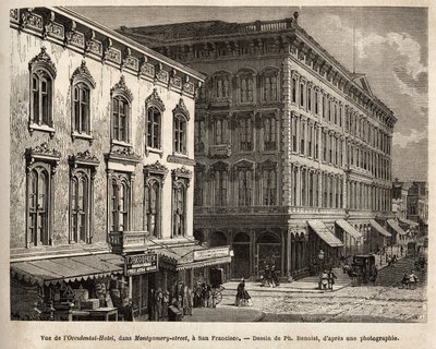 Ansicht des Occidental Hotels (Occidental Hotel), in der Montgomery-Straße (Montgomery street), San Francisco (Kalifornien), Gravur nach der Zeichnung von Ph. Benoist, zur Illustration der Reise von Washington nach San Francisco, 1868, von L. Simonin, verö von Philippe Benoist