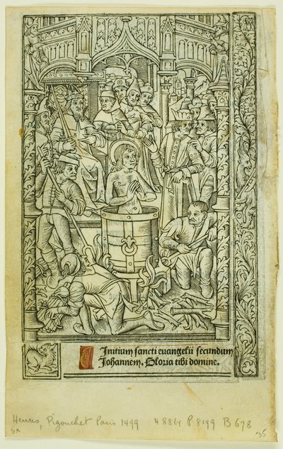 Das Martyrium des Heiligen Johannes des Evangelisten (recto) und Dezemberkalender (verso), aus dem Stundenbuch von Philippe Pigouchet