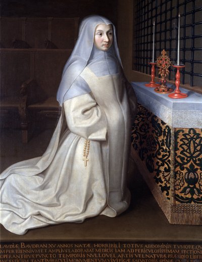 Porträt von Claudia (Claude) Baudran, Insassin des Klosters Port Royal des Champs (Port-Royal-des-Champs), Gemälde zugeschrieben Philippe de Champaigne, Kirche von Linas, Seine und Oise - Öl auf Leinwand von Philippe de (attr. to) Champaigne