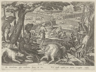 Treibjagd auf Wildschweine
Jagdszenen (Serientitel)
In quibus omne genus venationis, aucupij, piscatusque (Serientitel) von Philips Galle
