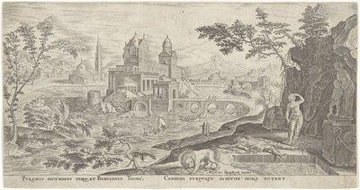Landschaft mit dem Selbstmord von Thisbe von Philips Galle