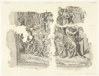 Linke untere Ecke einer Druckgrafik der Szene von Cebes (Tabula Cebetis Carta Vitae) von Philips Galle