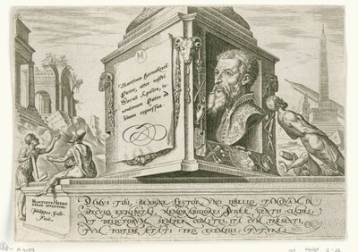 Porträt von Maarten van Heemskerck auf dem Sockel einer Säule (Die Unheilstage des jüdischen Volkes) von Philips Galle