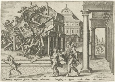 Simson zerstört den Tempel der Philister von Philips Galle