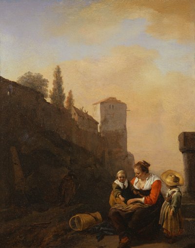 Ein Bauer und zwei Kinder ruhen vor einem Turm in Italien von Philips Wouwermans or Wouvermans
