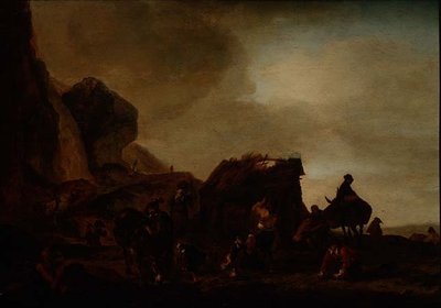 Reisende und Bettler bei einer zerstörten Hütte von Philips Wouwermans or Wouwerman