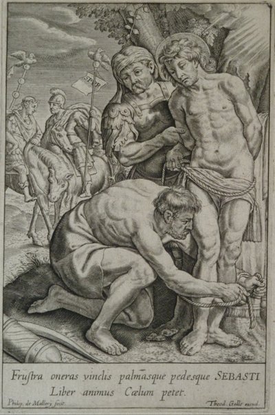 Der heilige Sebastian wird von zwei Soldaten an einen Baum gebunden von Philips van Mallery