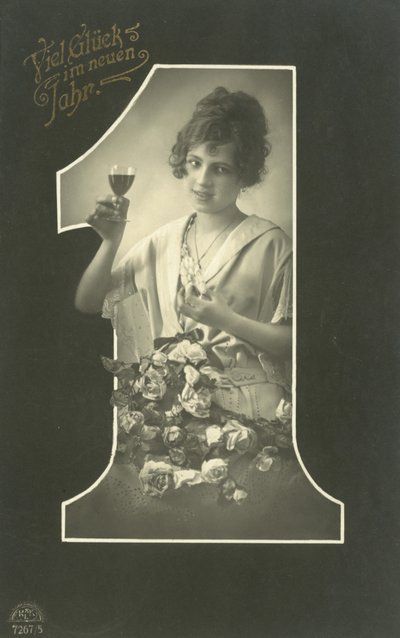 Neujahrskarte mit einem Mädchen, das einen Toast ausbringt von Photographer German