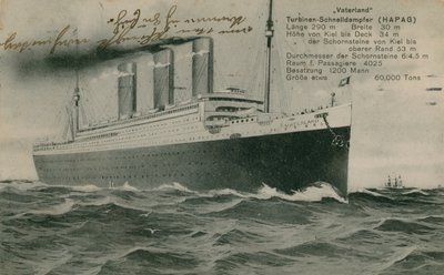 Der deutsche Liner, Vaterland. Postkarte von 1913. von Photographer German