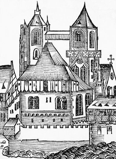 Abtei Montecassino, deutscher Holzschnitt, aus der Nürnberger Chronik (Liber Chronicarum) von Hartmann Schedel von Blaise Nicolas Le Sueur