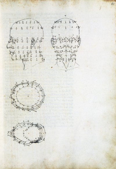 Konstruktion und geometrische Projektion des Kopfes, Seite aus De Prospectiva pingendi (Über die Perspektive der Malerei), von Piero della Francesca (ca. 1415-1492), Italien von Piero della Francesca