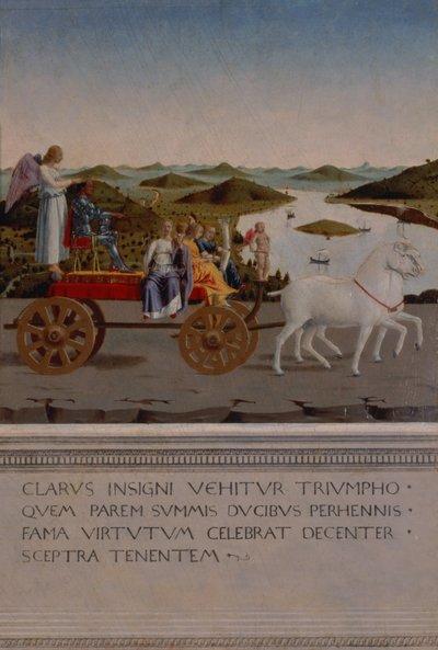 Triumph von Federigo da Montefeltro, Herzog von Urbino; Federigo und die vier Kardinaltugenden in einem Triumphwagen, gezogen von weißen Einhörnern, geflügelter Sieg hält die Herzogskrone, gemalt nach 1474 (Tafel) von Piero della Francesca