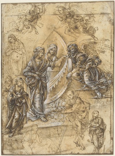 Studienblatt mit der Jungfrau Maria, Heiligen, Engeln und Figuren aus der Anbetung der Könige von Piero di Cosimo (attributed to)